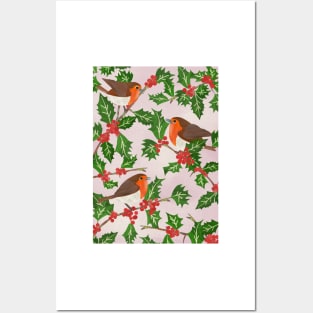 Three little paper cut robins on a holly bush Posters and Art